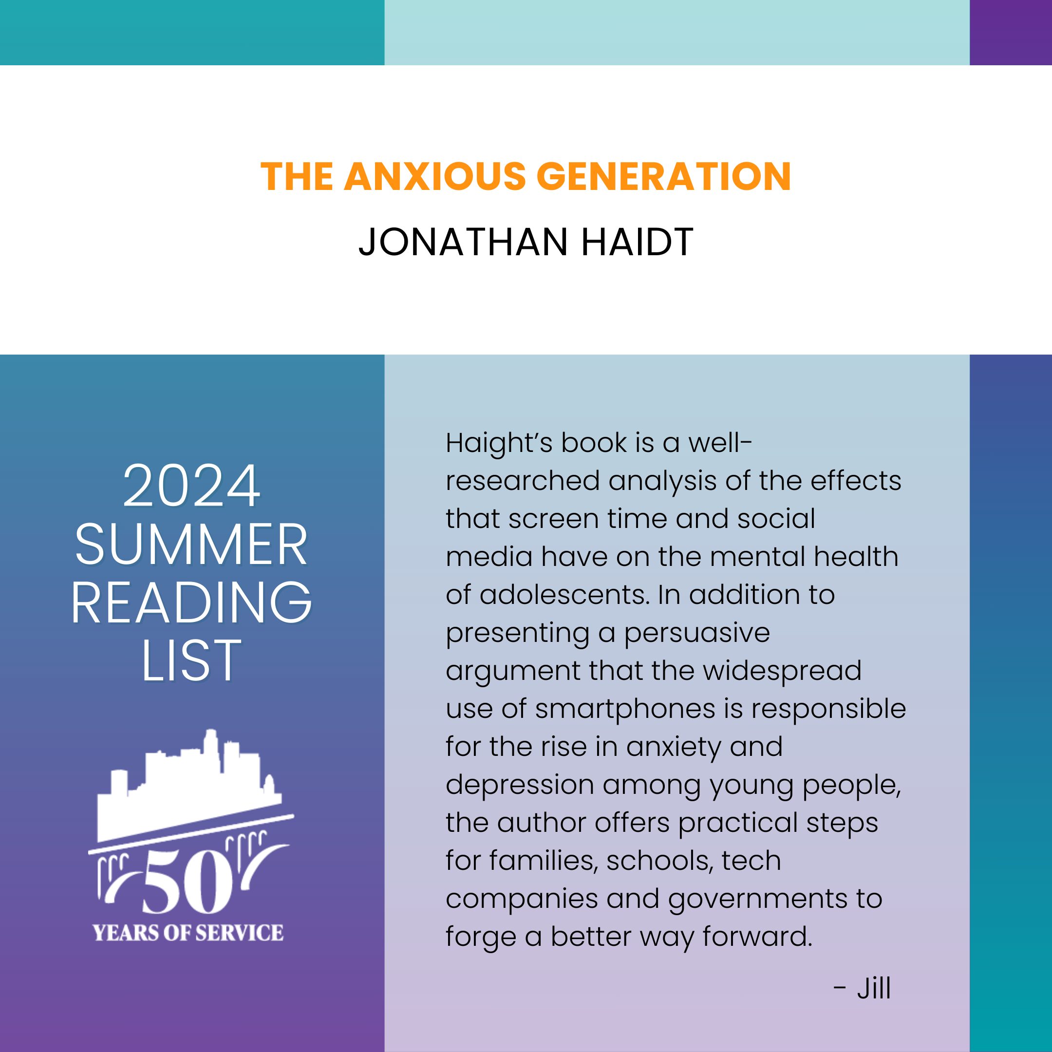 La generación ansiosa de Jonathan Haidt. El libro de Haight es un análisis bien investigado de los efectos que el tiempo frente a la pantalla y las redes sociales tienen en la salud mental de los adolescentes. Además de presentar un argumento persuasivo de que el uso generalizado de teléfonos inteligentes es responsable del aumento de la ansiedad y la depresión entre los jóvenes, el autor ofrece pasos prácticos para que las familias, las escuelas, las empresas tecnológicas y los gobiernos forjen un mejor camino a seguir. - Jill
