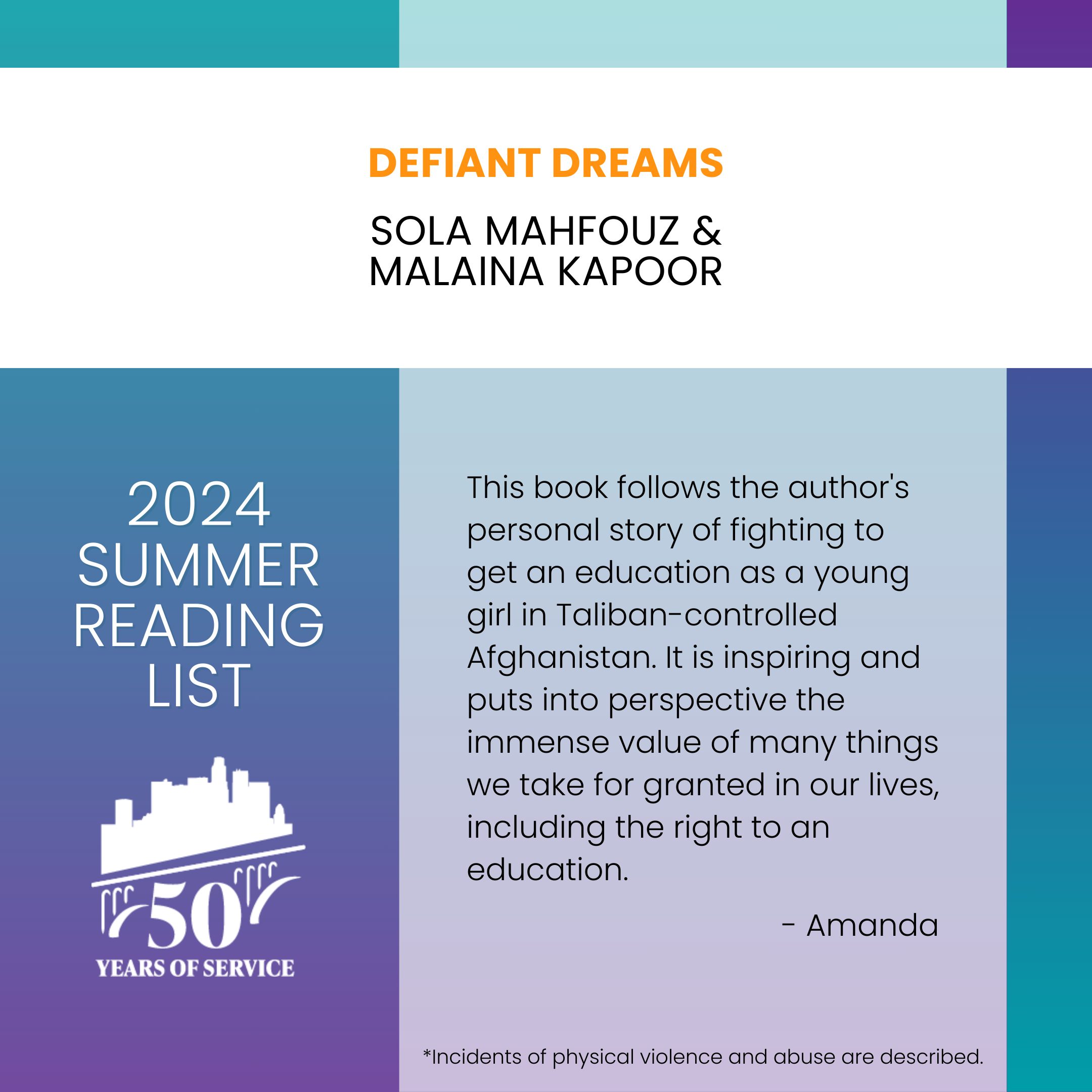 Sueños desafiantes de Sola Mahfouz y Malaina Kapoor. Este libro sigue la historia personal de la autora sobre su lucha por obtener una educación cuando era niña en el Afganistán controlado por los talibanes. Es inspirador y pone en perspectiva el inmenso valor de muchas cosas que damos por sentado en nuestras vidas, incluido el derecho a la educación. - Amanda *Se describen incidentes de violencia física y abuso.
