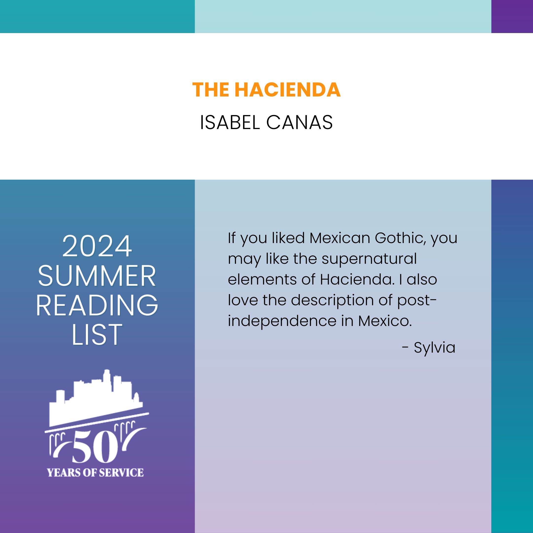 La Hacienda de Isabel Cañas. Si te gustó el gótico mexicano, quizás te gusten los elementos sobrenaturales de Hacienda. También me encanta la descripción de la postindependencia en México. - Silvia
